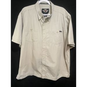 Mens Harley Davidson 2XL Striped SS Embroidered Button Down Shirt Gray Blue